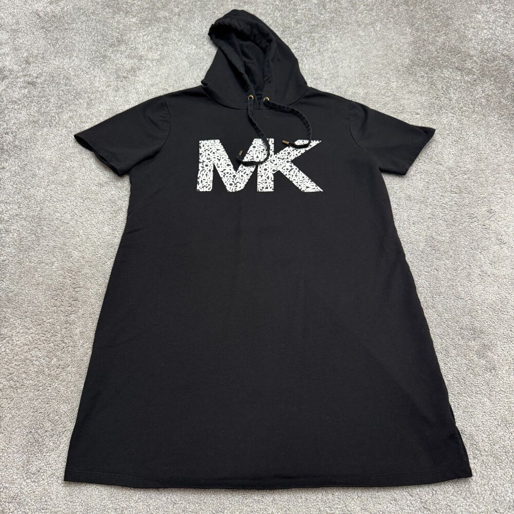 MICHAEL Michael Kors Hoodie Dress Womens L Black MK Graphic Logo Short Sleeve